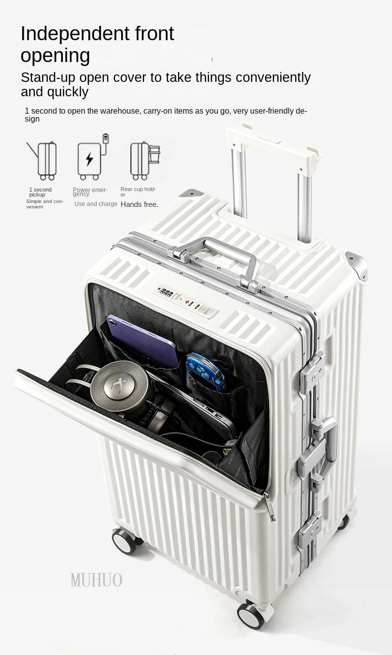 Front Opening Suitcase 2025 New Large Capacity 20/30 inch Aluminum Frame Luggage with USB Cup Holder Laptop Bag Travel Suitcases