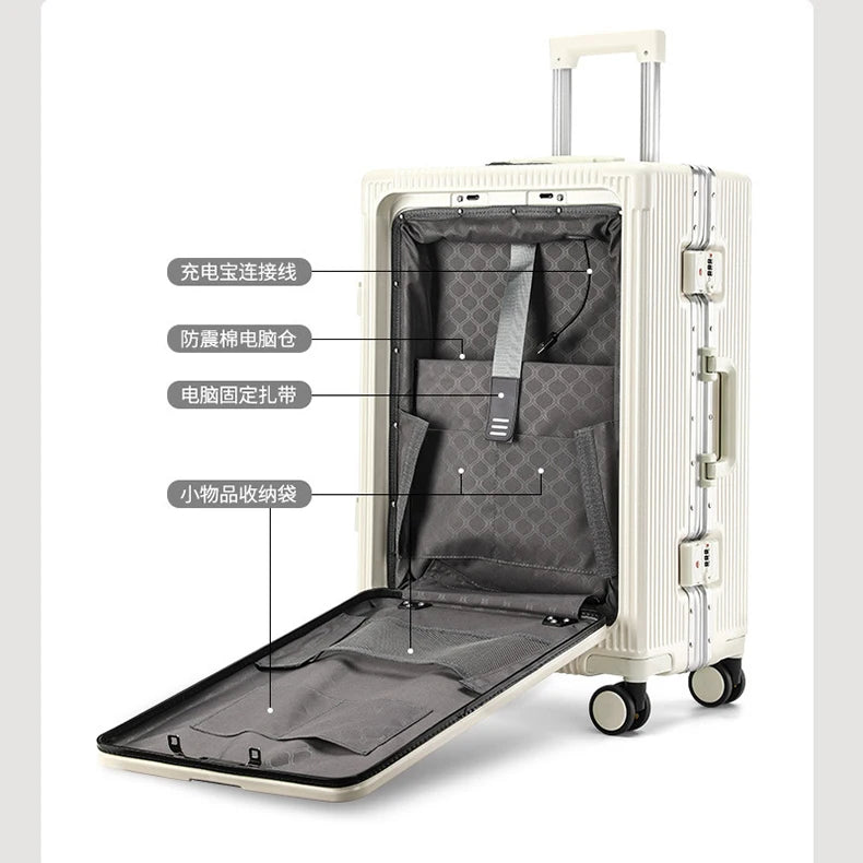 Front open trolley suitcase with cup holder travel luggage pull rod Aluminum frame Large capacity usb charging carry on suitcase