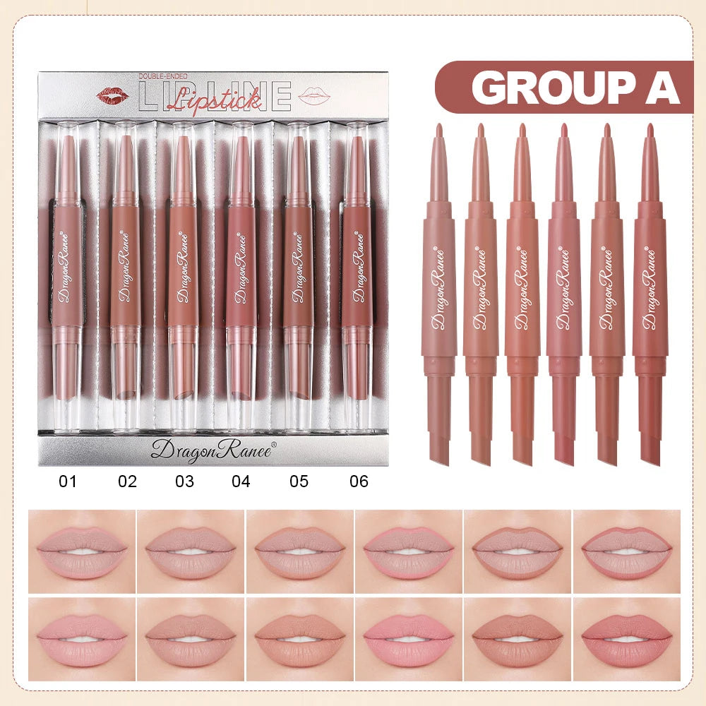Six Double-Ended Lipstick Set, Velvet Matte Matte Lipstick, Lip Gloss, Easy to Color, Non-Fading, Non-Stick Lipstick Set