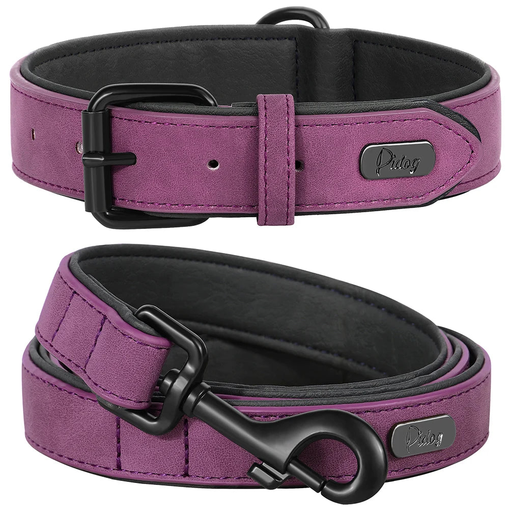 PU Leather Dog Collar Leash Set Soft Padded Puppy Dog Collars Adjustable Pet Necklace With Walking Lead For Small Large Dogs Pug