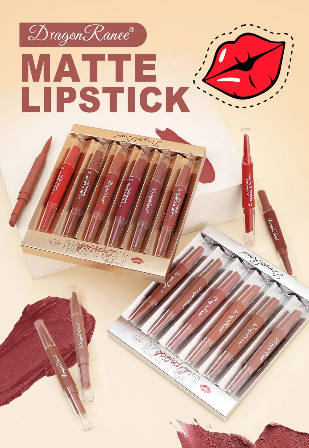 Six Double-Ended Lipstick Set, Velvet Matte Matte Lipstick, Lip Gloss, Easy to Color, Non-Fading, Non-Stick Lipstick Set