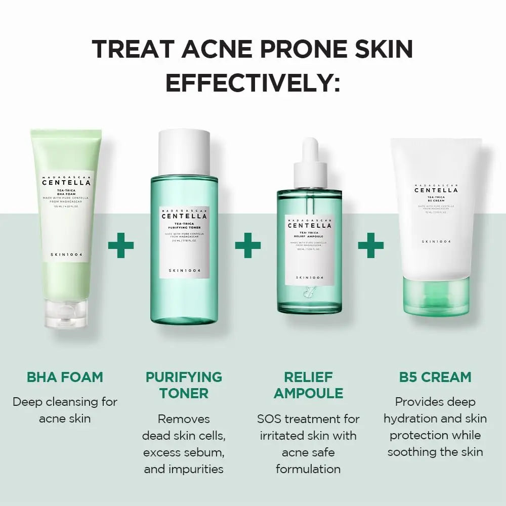 Korean Centella Tea-Trica BHA Foam Cleanser Purifying Toner Face Ampoule Serum and B5 Cream Relief Skincare Beauty Products Set