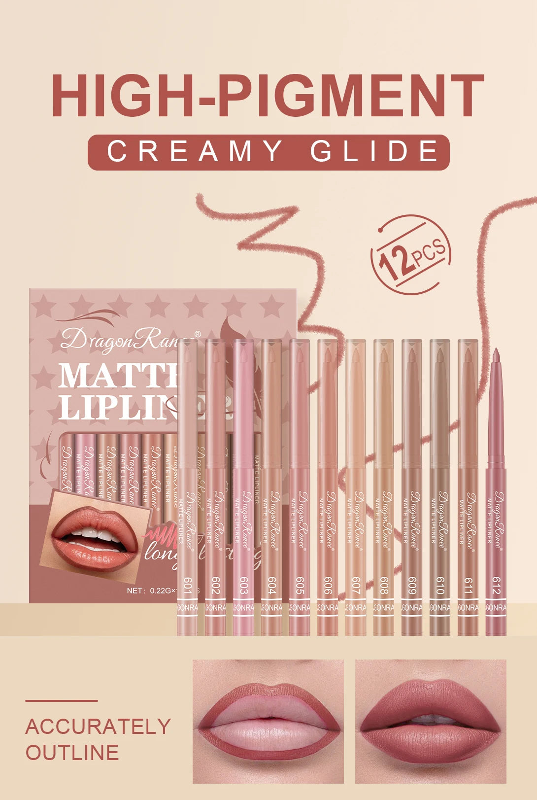 Dragon Ranee 12pcs Soft Matte Water Resistant Eraser Resistant Lip Liner Set Matte and Non-Drying Easy to Line Lip Liner Set