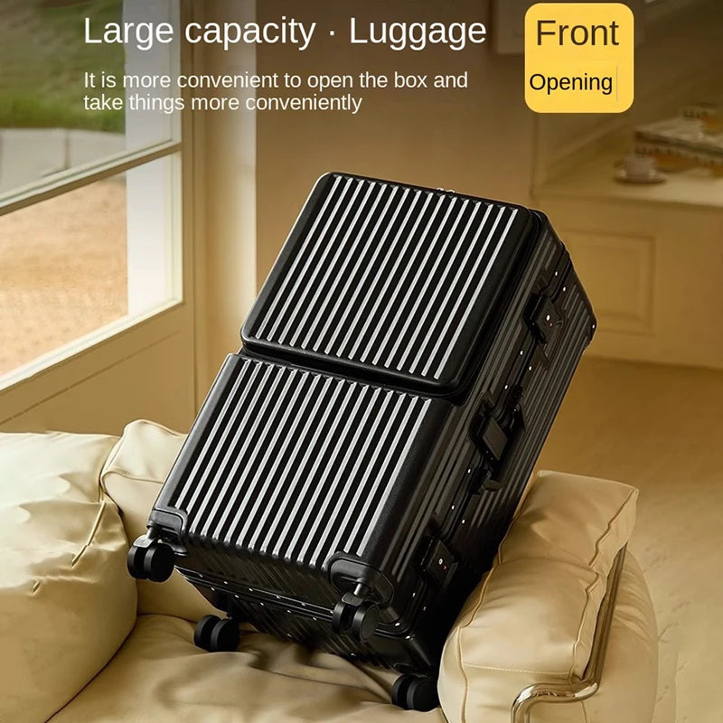 Front Opening Suitcase 2025 New Large Capacity 20/30 inch Aluminum Frame Luggage with USB Cup Holder Laptop Bag Travel Suitcases