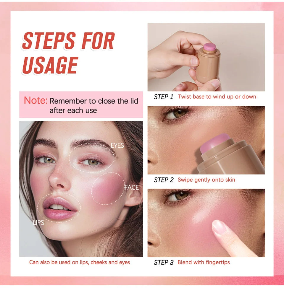 Lakerain 3in1 Cheek Lip Tinted Moistured Blush Stick Waterproof Easy Color Rouge Silky Smooth Blusher Cream Matte Contour Makeup