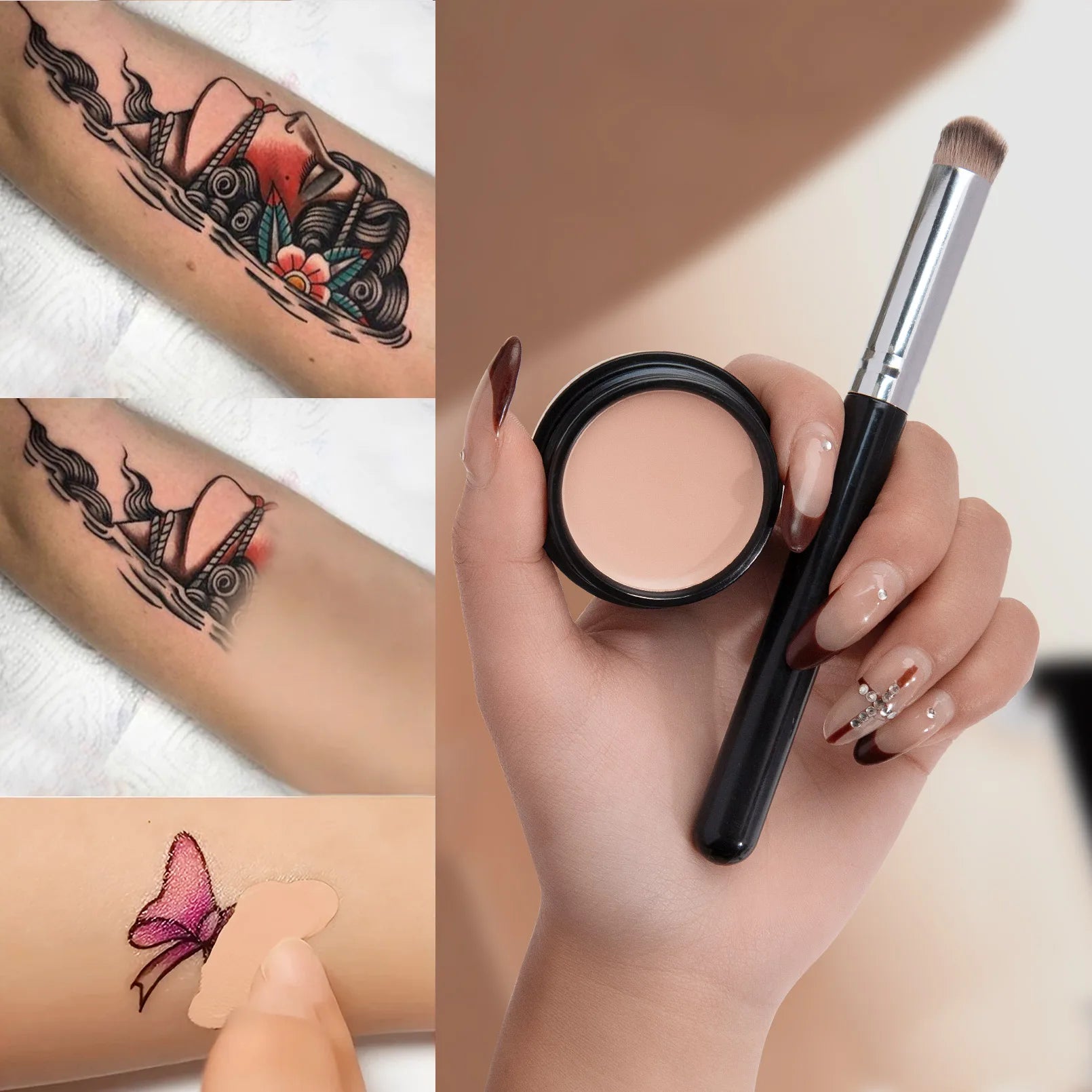 Waterproof & Sweatproof Concealer with Brush - Tattoo coverage, Long-Lasting Foundation, Natural,Full coverage, All Skin Types