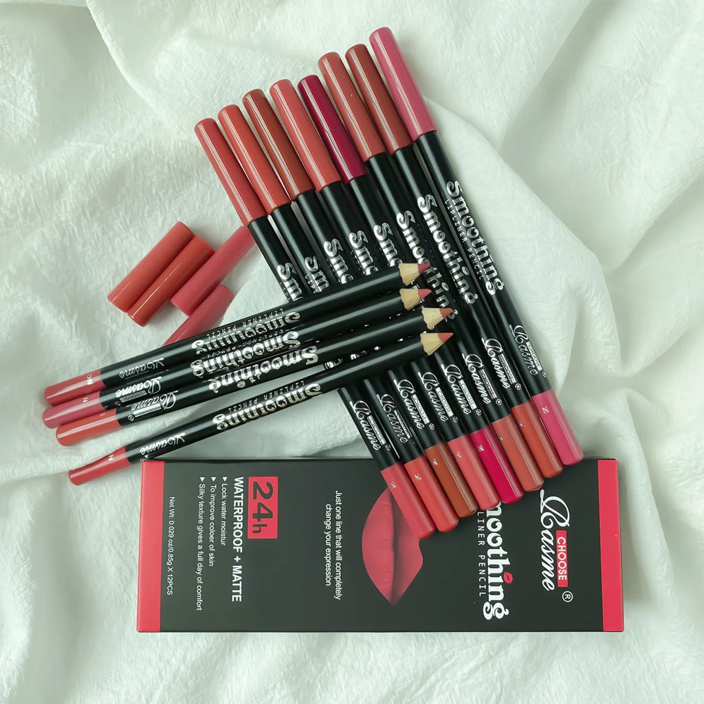 12-Color Lip Liner Set, Long-Lasting, Smudge-Proof, Easy To Apply, Transfer-Resistant, Matte Lip Pencil