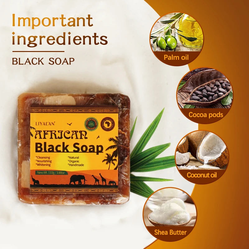 2pcs African Black Soap Reduce Acne Anti Rebelles Smooth Blemish Shea Butter Face Moisturizing Clean Brighten Handmade Skincare