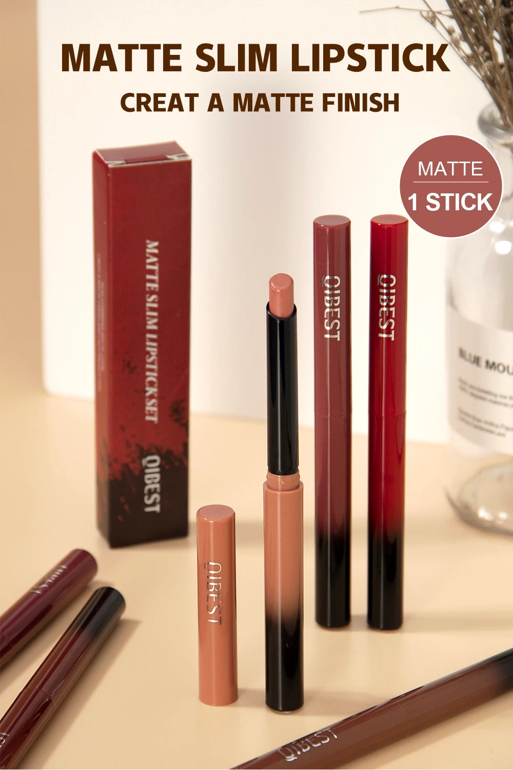 QIBEST 1PC Sexy Matte Lipstick Waterproof Long Lasting Color Rendering Non-stick Velvet Lips Liner Pencil Woman Makeup Cosmetics