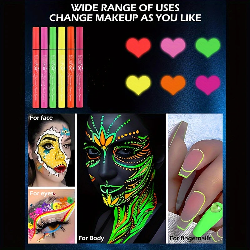 Glow In The Dark Face Paint Kit,6pcs Shimmer Glow Eyeliner set,UV Neon Face & Body Paint Sticks Marker Luminous Makeup for Music