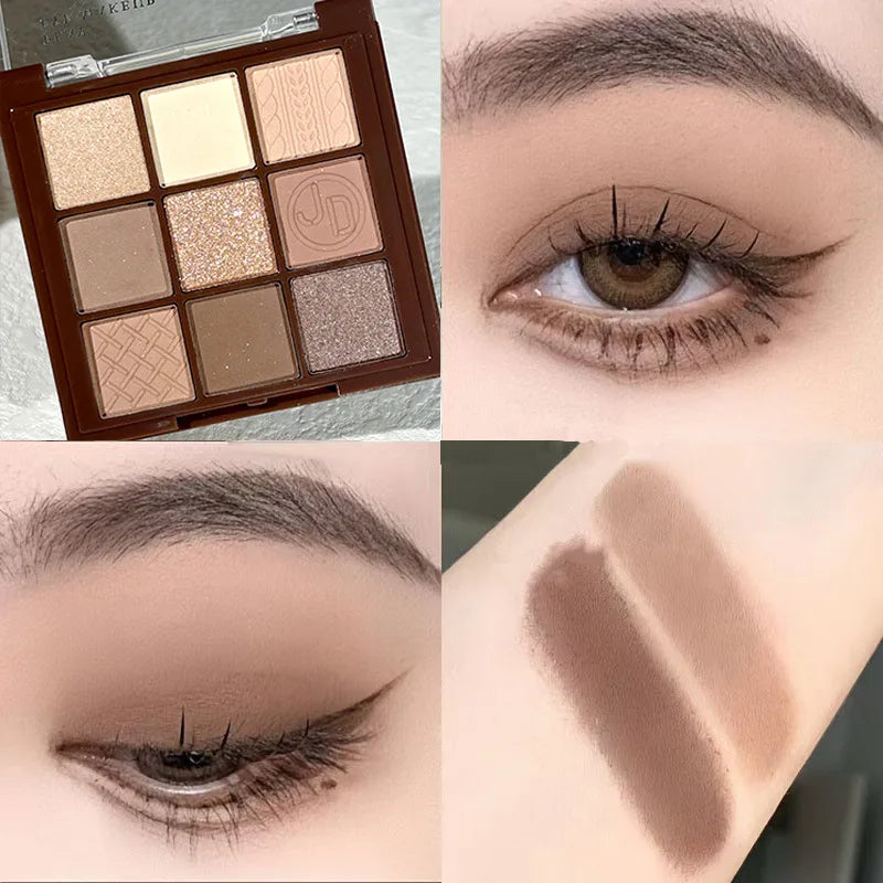 9-Color Chocolate Eyeshadow Palette with Pearl Shine, Fine Glitter, Matte Earth Tones, and Highlighting for Makeup