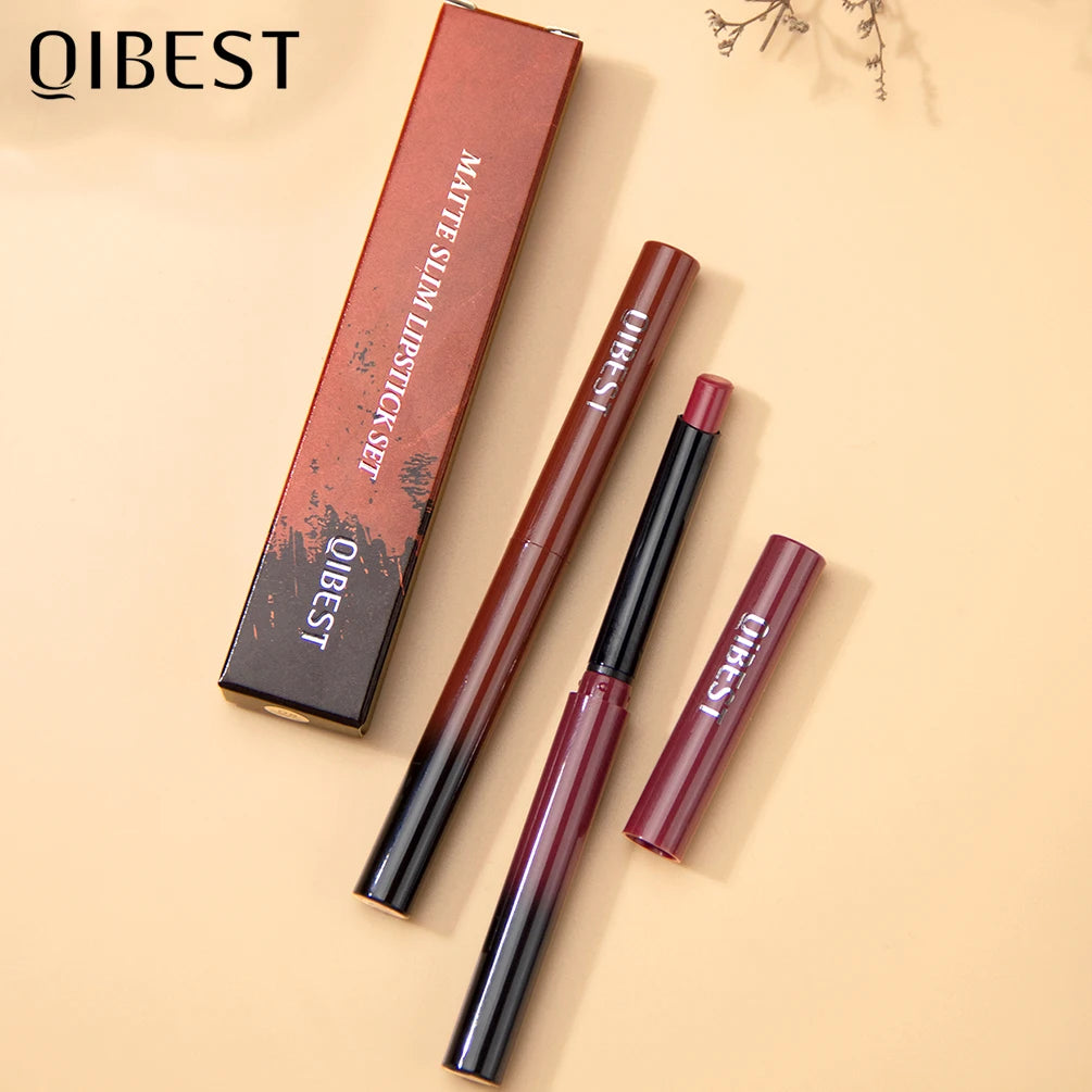 QIBEST 1PC Sexy Matte Lipstick Waterproof Long Lasting Color Rendering Non-stick Velvet Lips Liner Pencil Woman Makeup Cosmetics