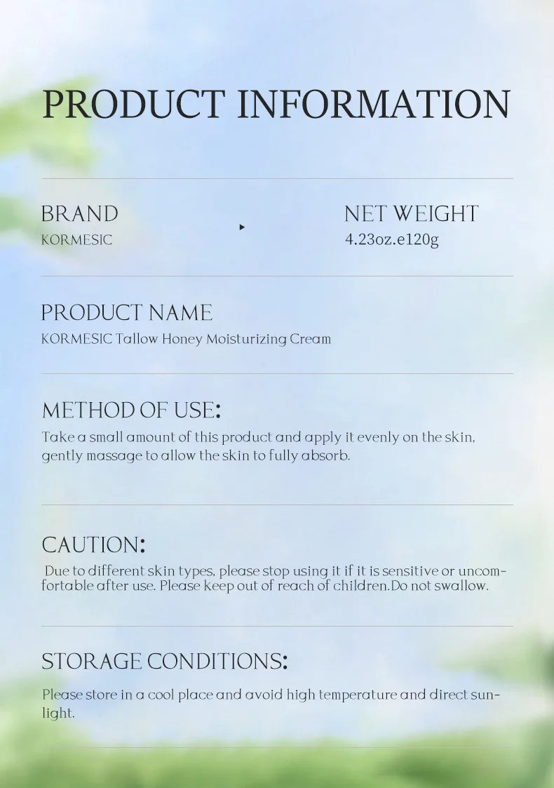 Tallow Honey Moisturizing Cream Long Lasting Smooth Tender Brighten Face Firming Elastic Deeply Nourish Skin Moisturizer 120g