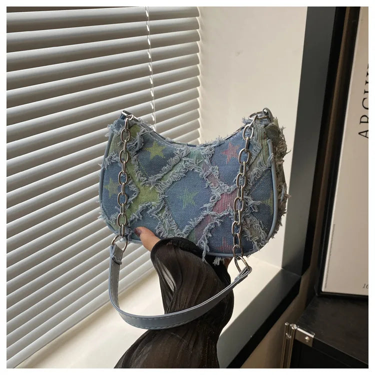 Casual Star Denim Shoulder Bags for Women Plaid Tassel Cool Hot Girls Underarm Phone Bag Fashion Versatile Female Handbags