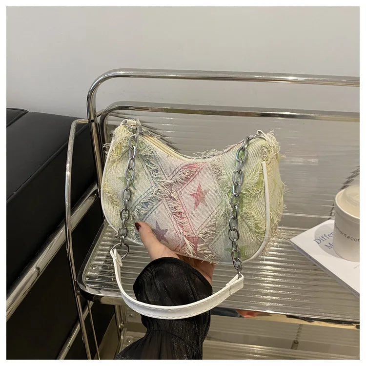 Casual Star Denim Shoulder Bags for Women Plaid Tassel Cool Hot Girls Underarm Phone Bag Fashion Versatile Female Handbags