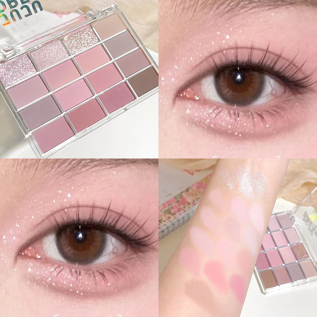 Dream 16 color eyeshadow palette - matte, glitter, shimmer, earth brown, purple and pink - low saturation everyday makeup