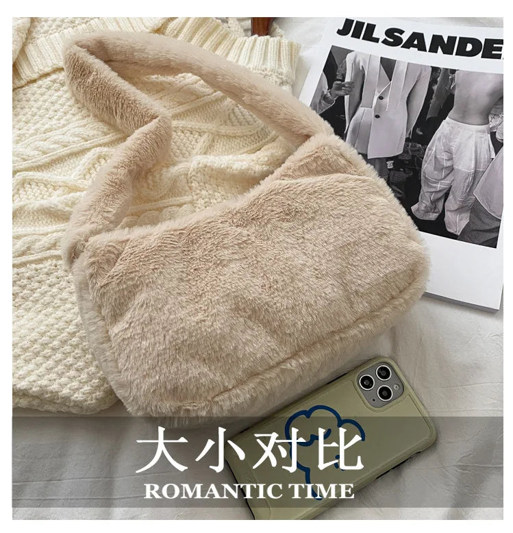 Simple Design Women Soft Plush Hobos Shoulder Bags Winter Furry Ladies Clutch Purse Handbag Fashion Female Underarm Bag