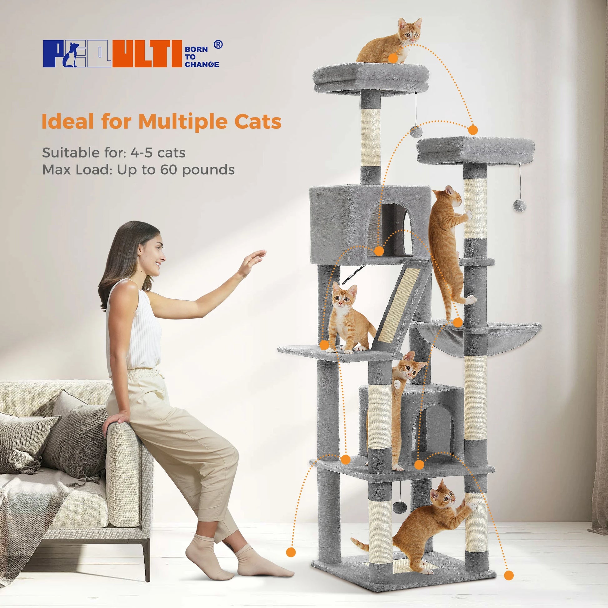 Multi-Level Cat Tree with Scratching Posts, Cozy Condo, Hammock, Large Cat Tower for Indoor Cats, Cat Scratching Board, Cat Toys