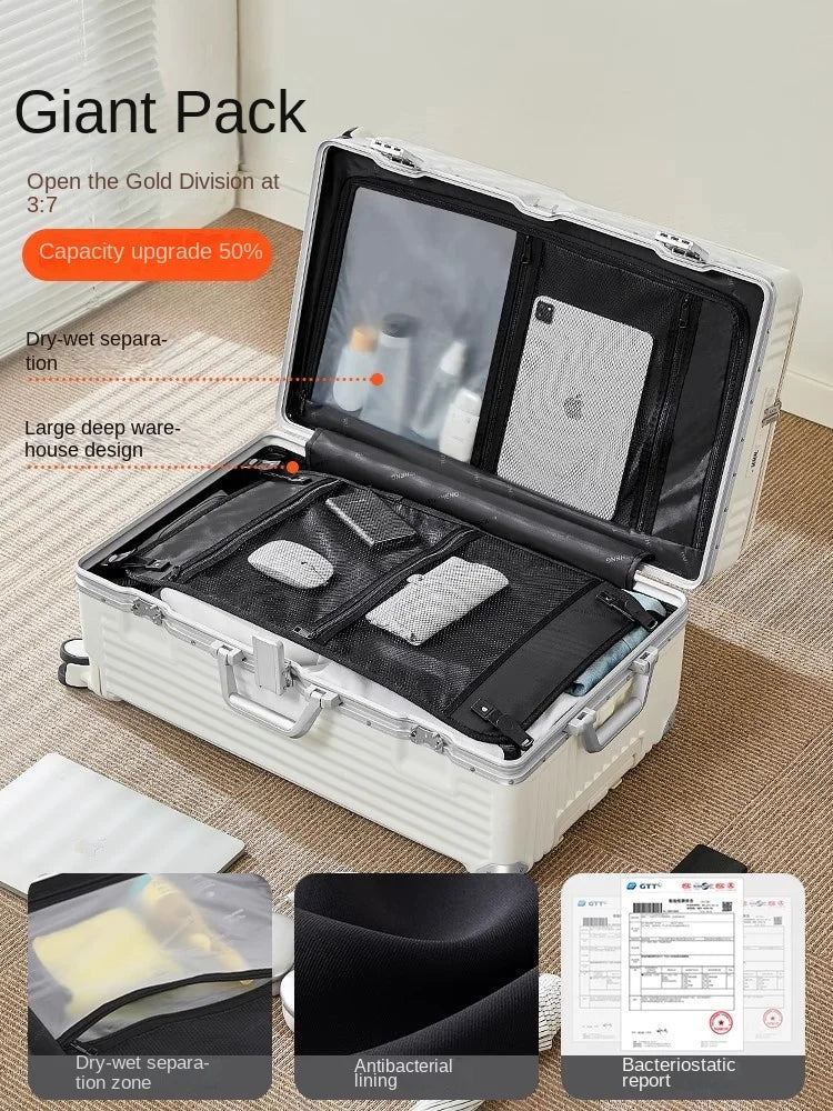 Front Opening Suitcase 2025 New Large Capacity 20/30 inch Aluminum Frame Luggage with USB Cup Holder Laptop Bag Travel Suitcases
