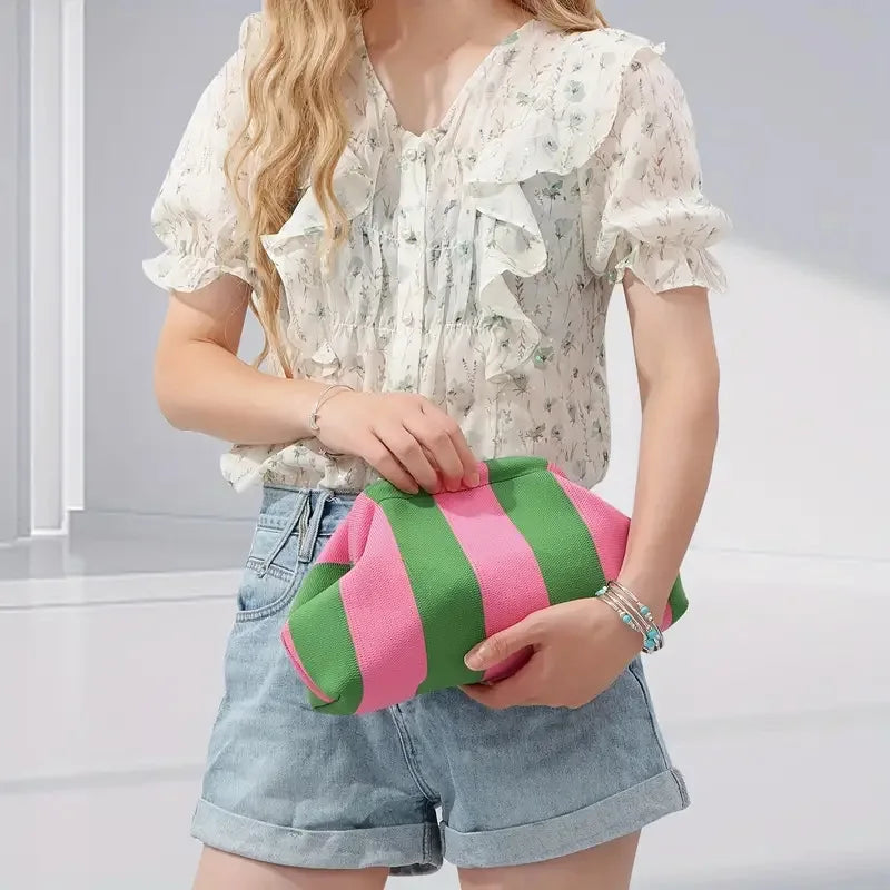 Women's Striped Beach Clutch Bag Versatile Small Woven Crochet Handbags Purses Knitting Dumpling Clutch Casual Bag