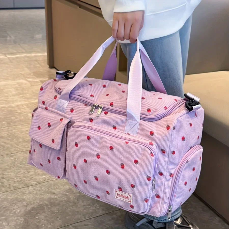 Large Capacity Casual Strawberry Print Duffel Bag with Multiple Compartments - Ideal for Travel, Gym, and Everyday Use