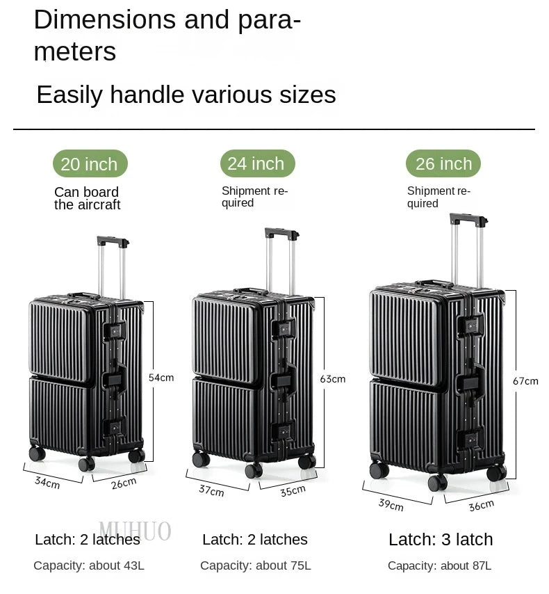 Front Opening Suitcase 2025 New Large Capacity 20/30 inch Aluminum Frame Luggage with USB Cup Holder Laptop Bag Travel Suitcases