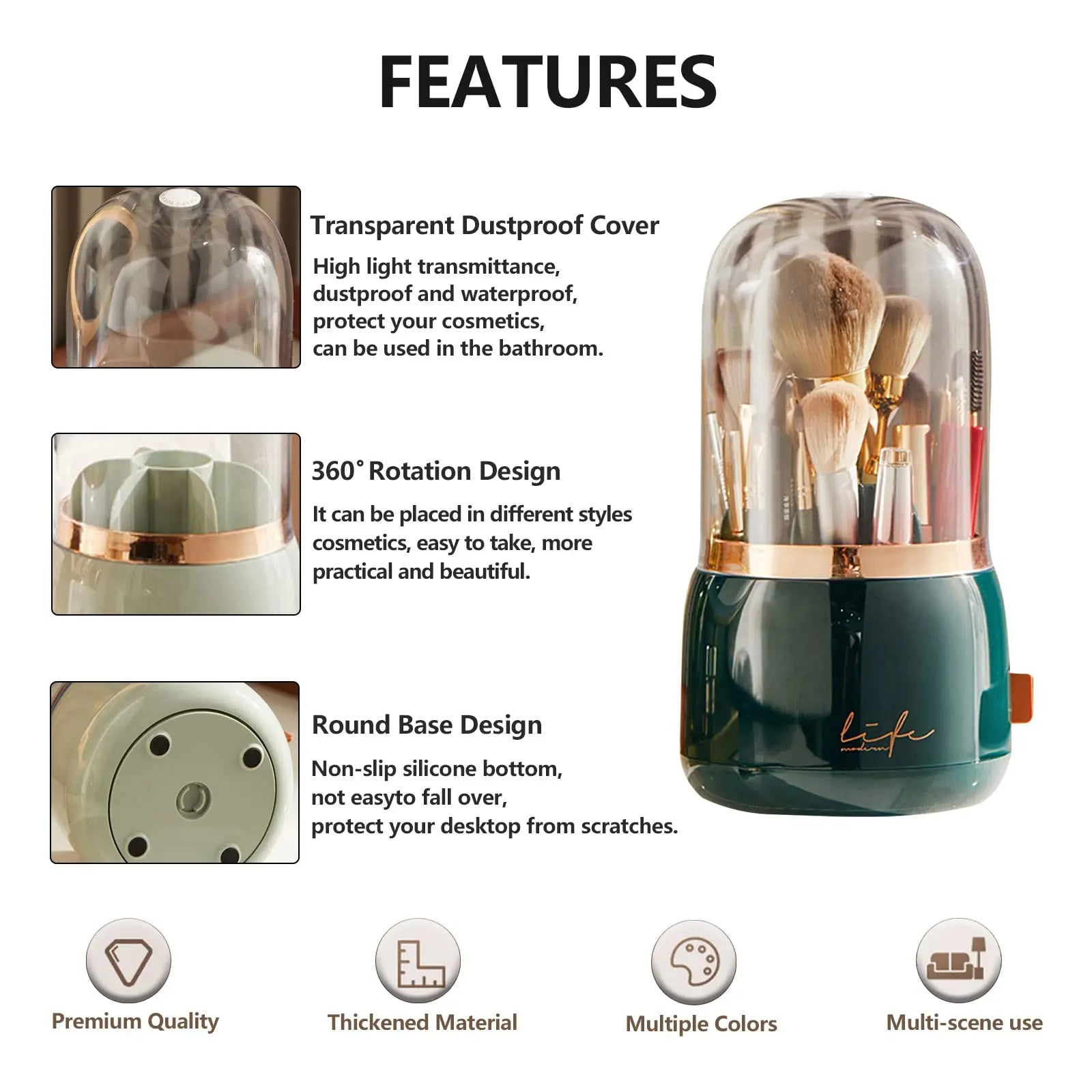 Make Up Brush Organizer 360 Rotating Cosmetics Makeup Brush Storage Box Holder with Lid Dustproof 7 Slot Storage Container