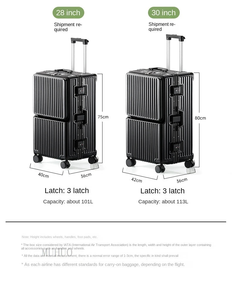 Front Opening Suitcase 2025 New Large Capacity 20/30 inch Aluminum Frame Luggage with USB Cup Holder Laptop Bag Travel Suitcases