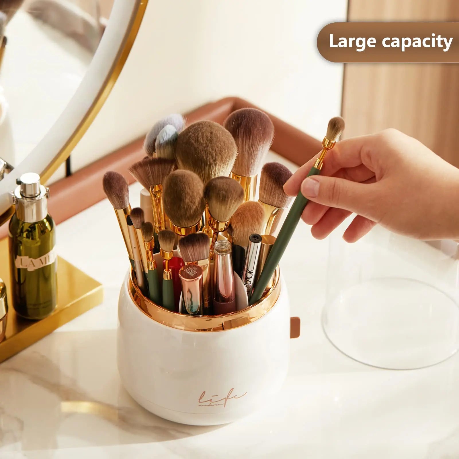 Make Up Brush Organizer 360 Rotating Cosmetics Makeup Brush Storage Box Holder with Lid Dustproof 7 Slot Storage Container