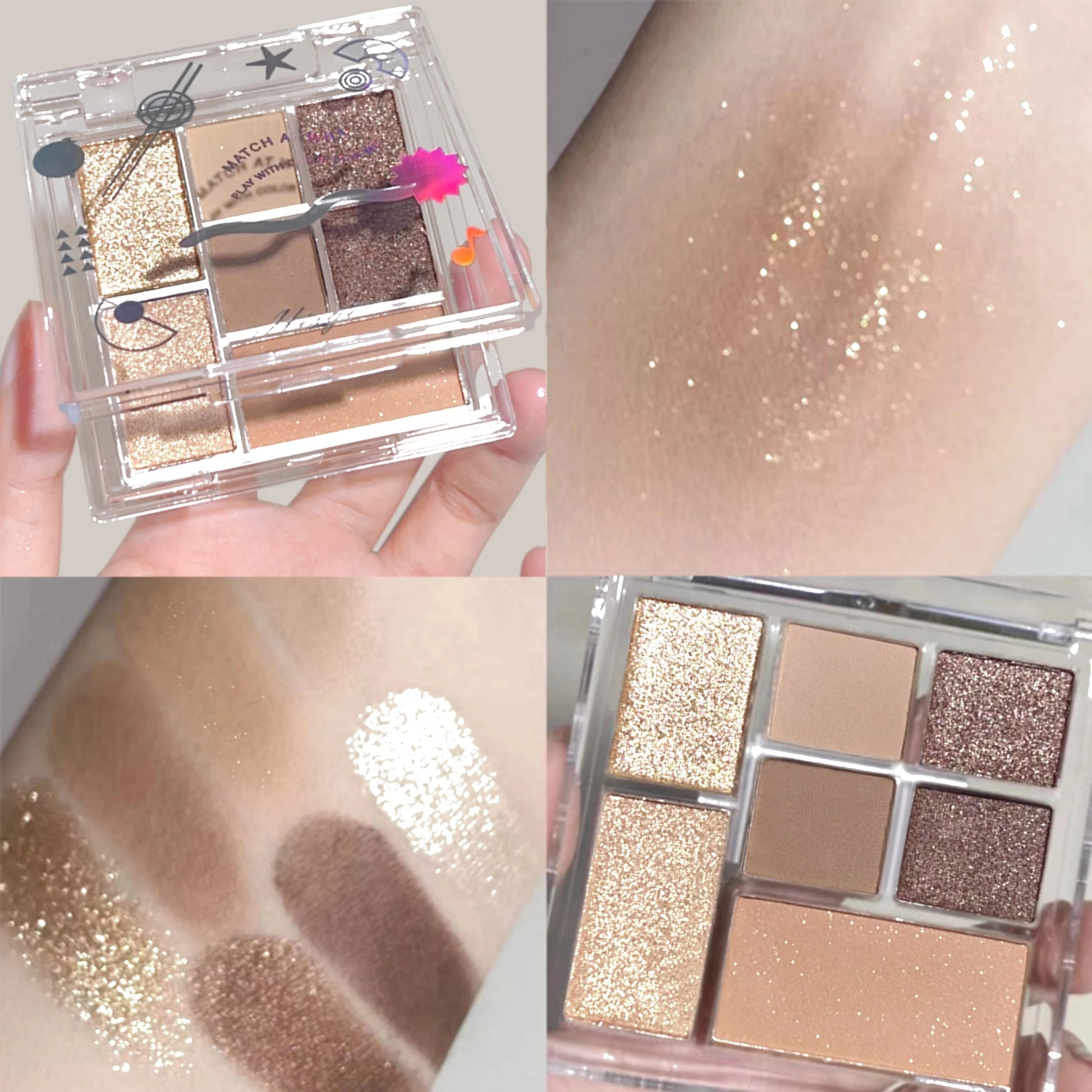 Seven-color eyeshadow palette in earth tones with shimmer, glitter, matte, and pearl finishes, waterproof, and playful