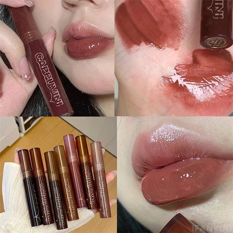 Punk Dark Brown Mirror Water Lip Gloss Red Lip Glaze Transparent Glass Lip Oil Waterproof Liquid Lipstick Clear Tint Makeup New