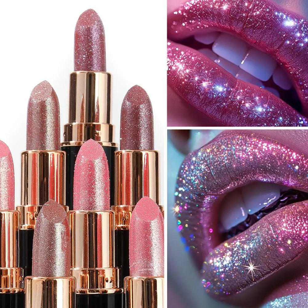 6 Colors Glitter Lipstick Waterproof Lasting Diamond Pearlescent Metallic Lipstick Women Lips Makeup Cosmetic