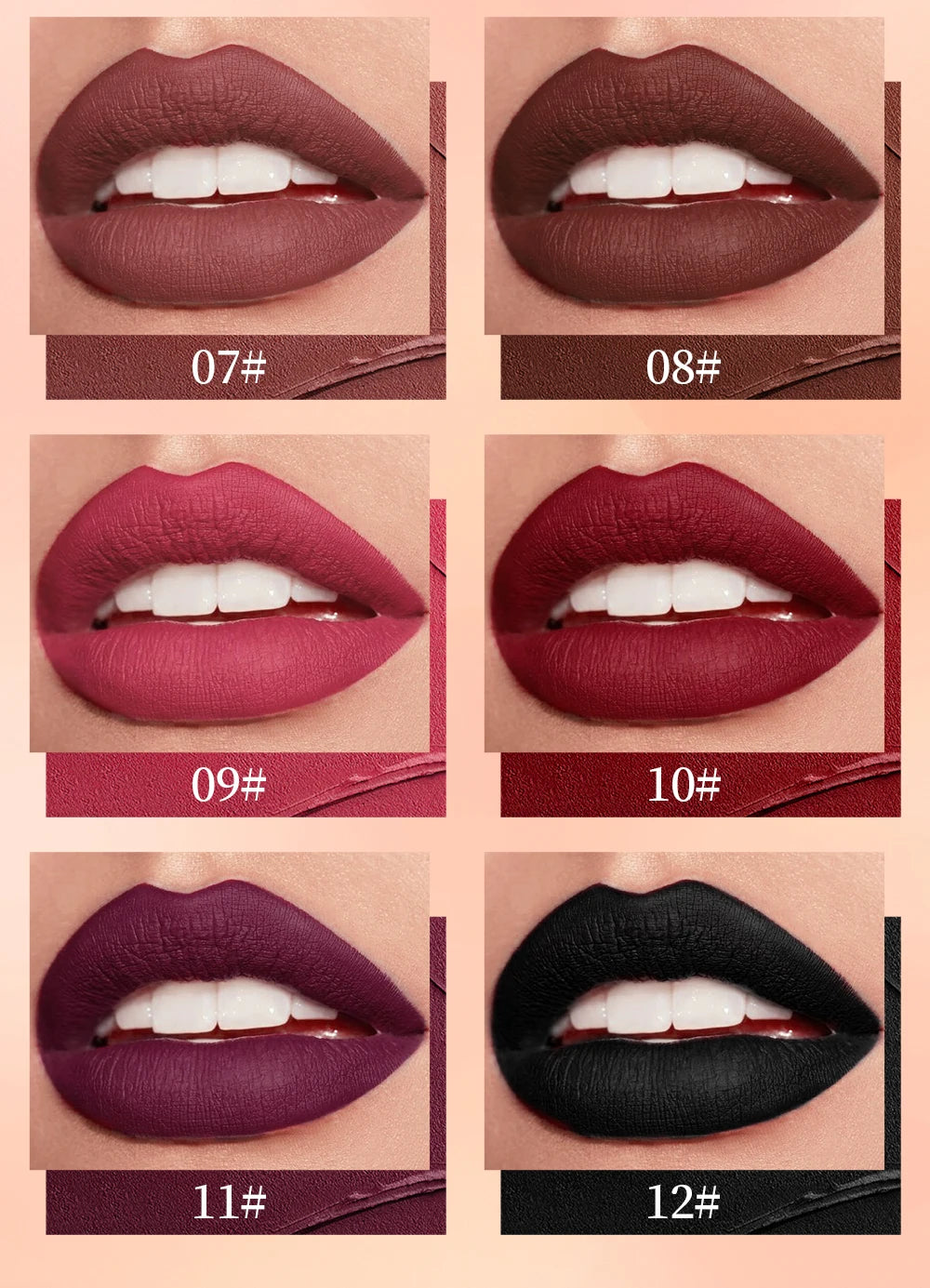 QIBEST Waterproof Matte Nude Lip Gloss 12 Colors Lasting Liquid Lipstick Moisturizing Non-stick Cup Black Red Purple Lip Glaze