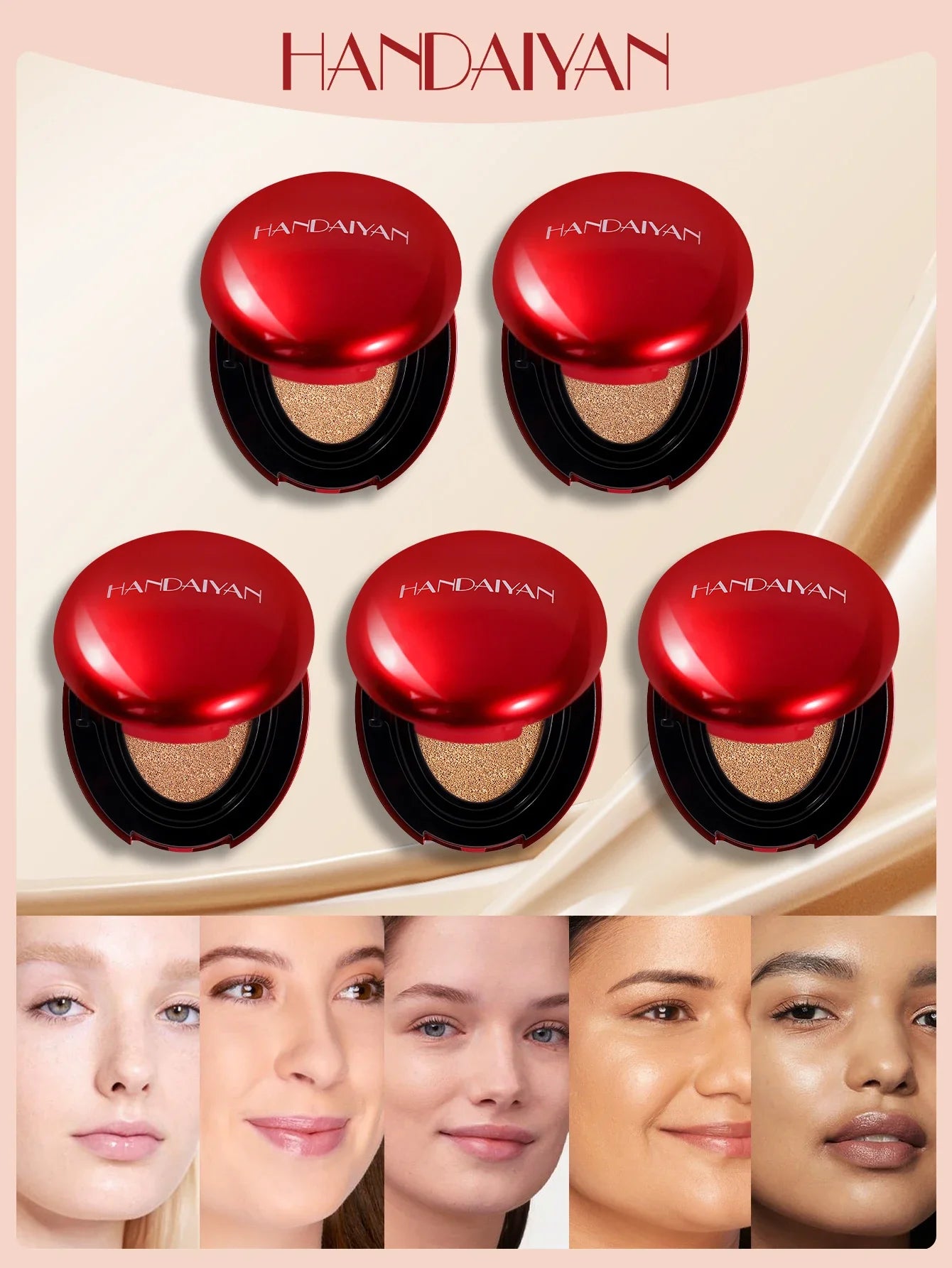 HANDAIYAN 5Color Red Box Concealer Cushion For Easy Application And Long-Lasting Skin Touching Face With Puff For Women's Makeup