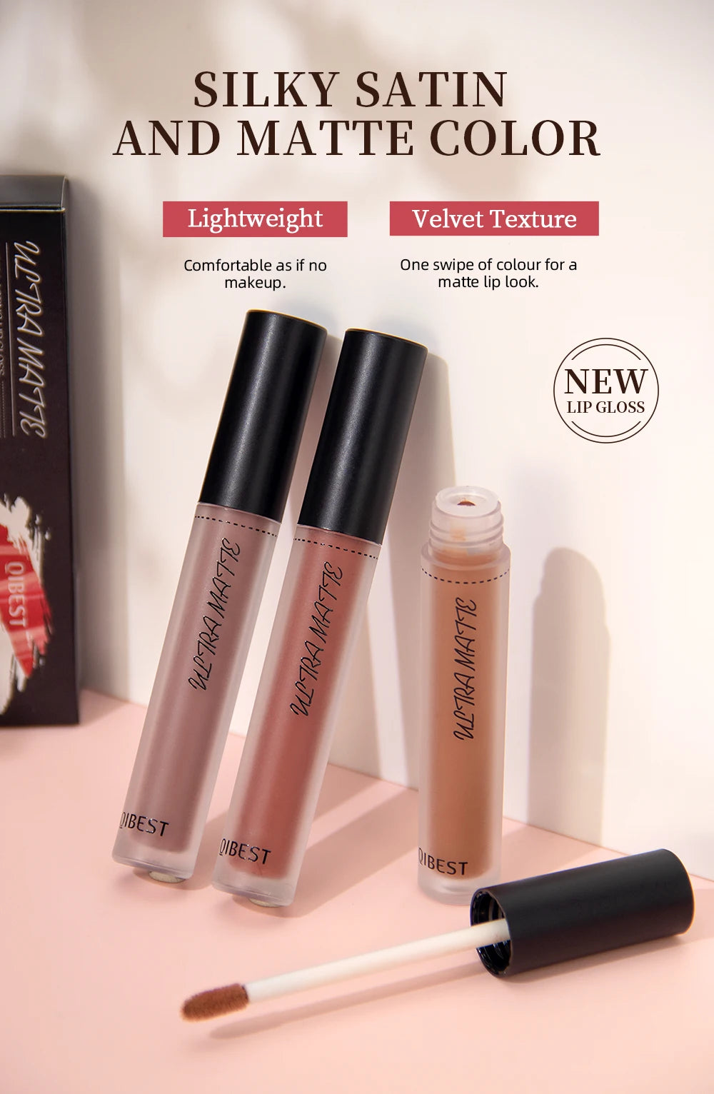 QIBEST Waterproof Matte Nude Lip Gloss 12 Colors Lasting Liquid Lipstick Moisturizing Non-stick Cup Black Red Purple Lip Glaze