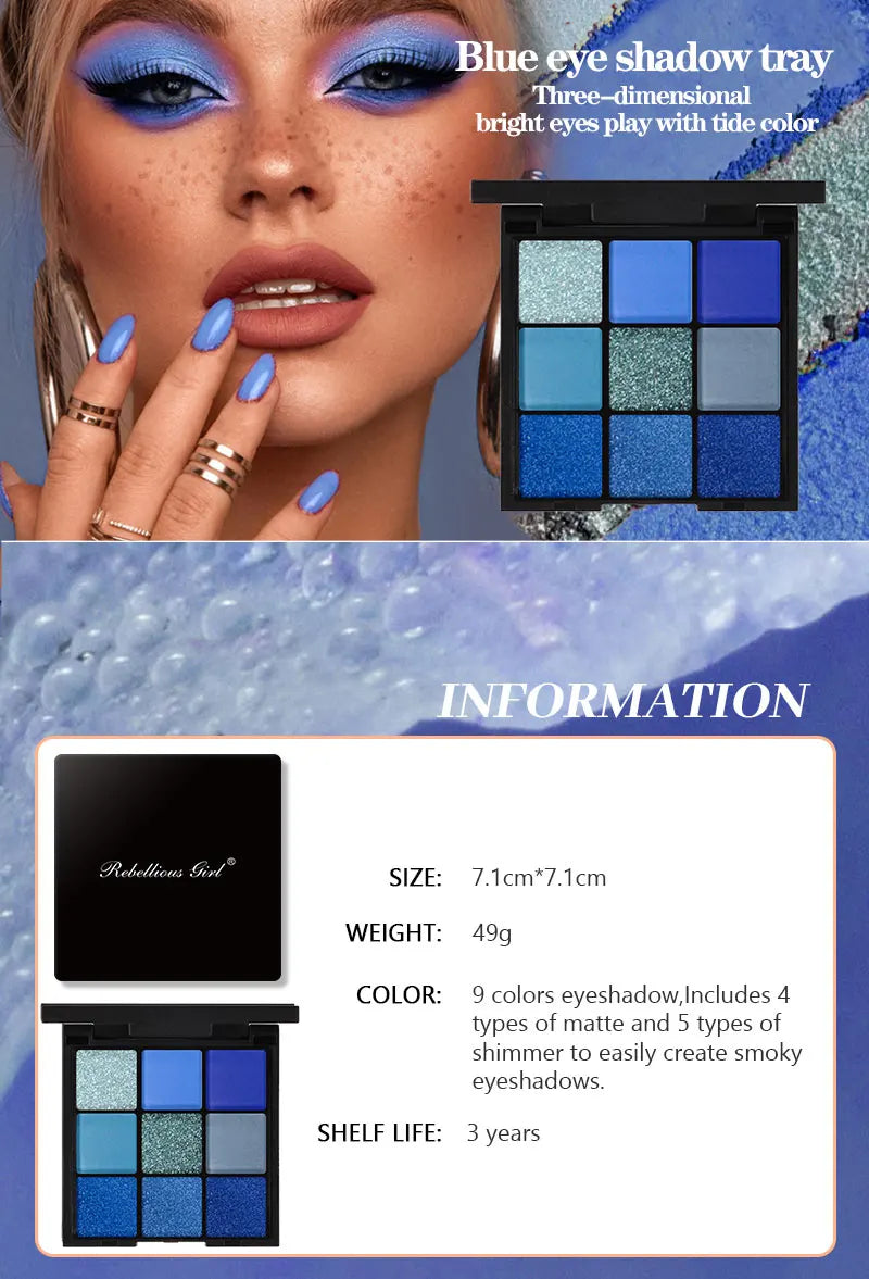 9 Color Eyeshadow Palette Blue Waterproof Sweatproof Blue Matte Pearl Glitter Finish Performance Stage Makeup Music Festival