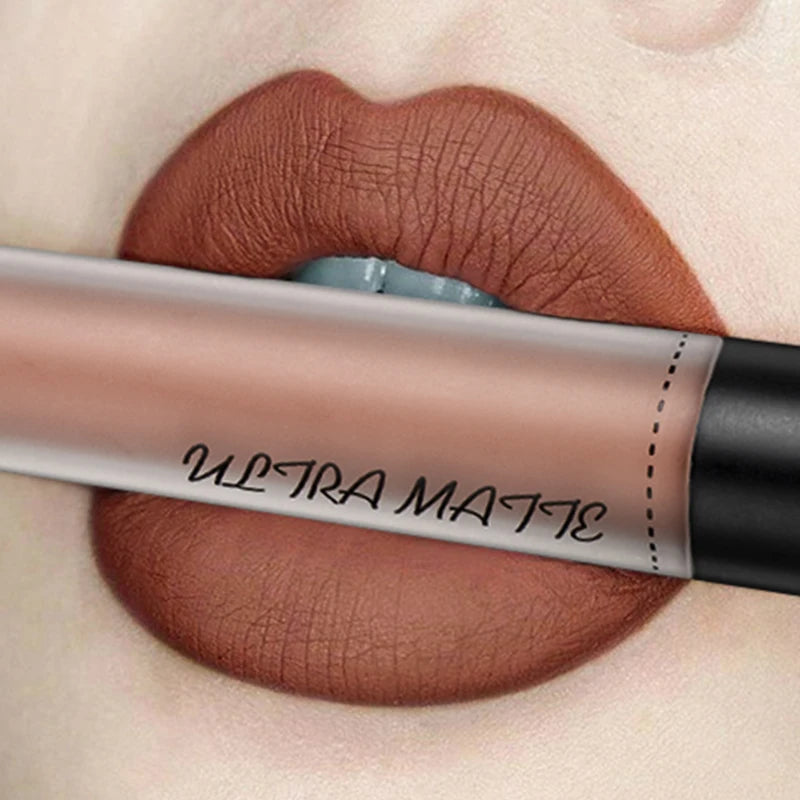 QIBEST Waterproof Matte Nude Lip Gloss 12 Colors Lasting Liquid Lipstick Moisturizing Non-stick Cup Black Red Purple Lip Glaze
