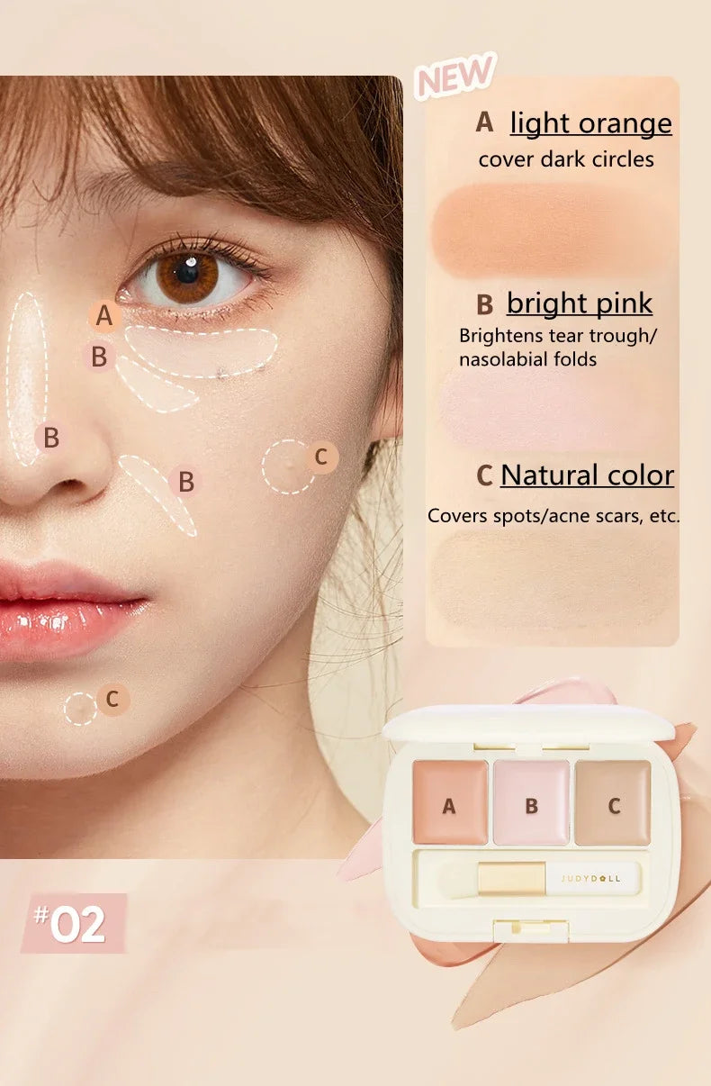 Judydoll Three-Color Concealer Palette Blemishes Spots Acne scars Covering Tear troughs Filling
