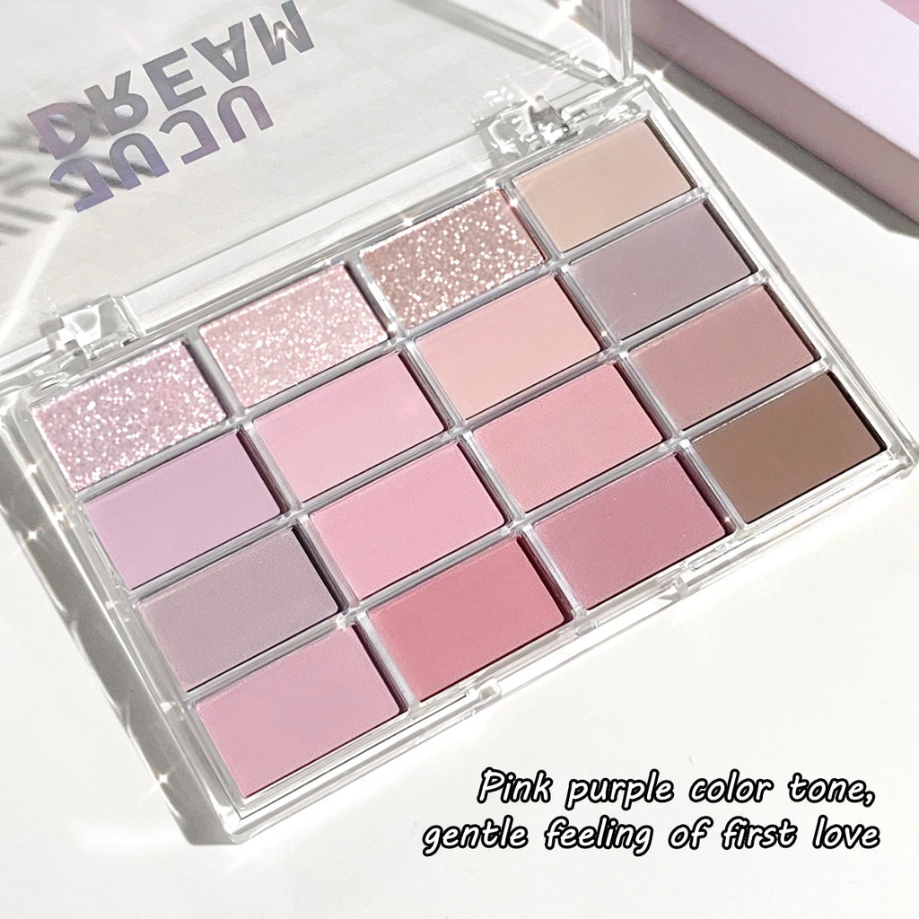 Dream 16 color eyeshadow palette - matte, glitter, shimmer, earth brown, purple and pink - low saturation everyday makeup