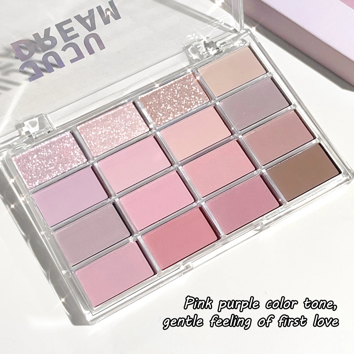 Dream 16 color eyeshadow palette - matte, glitter, shimmer, earth brown, purple and pink - low saturation everyday makeup