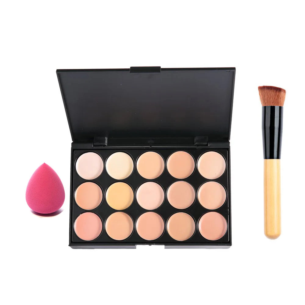 POPFEEL 15-Color Concealer Palette with Brush & Sponge-Multi-Functional for Blemish Coverage, Contouring, Body Tattoo Camouflage