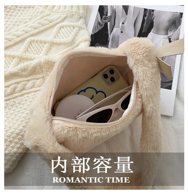 Simple Design Women Soft Plush Hobos Shoulder Bags Winter Furry Ladies Clutch Purse Handbag Fashion Female Underarm Bag