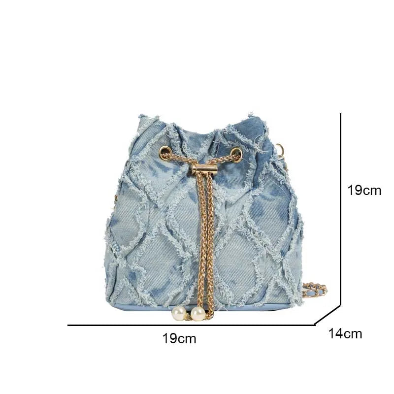 Vintage Denim Bucket Bag Retro Style Light Blue Ripped Edge Design Gold Chain Pearl Embellishment Adjustable Fringe Shoulder Bag