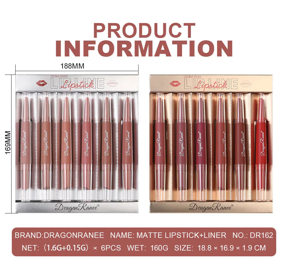 Six Double-Ended Lipstick Set, Velvet Matte Matte Lipstick, Lip Gloss, Easy to Color, Non-Fading, Non-Stick Lipstick Set