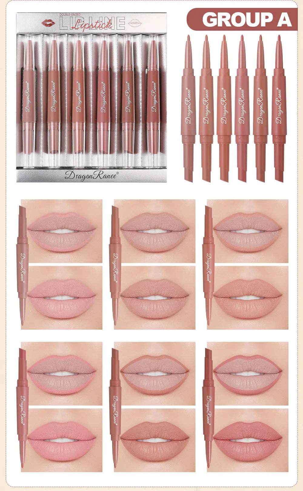 Six Double-Ended Lipstick Set, Velvet Matte Matte Lipstick, Lip Gloss, Easy to Color, Non-Fading, Non-Stick Lipstick Set