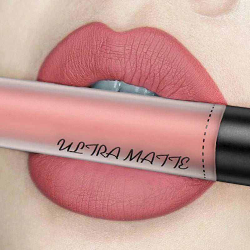 QIBEST Waterproof Matte Nude Lip Gloss 12 Colors Lasting Liquid Lipstick Moisturizing Non-stick Cup Black Red Purple Lip Glaze