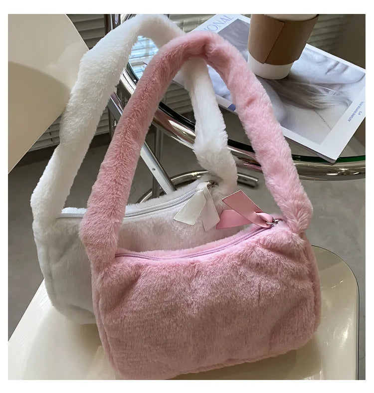 Simple Design Women Soft Plush Hobos Shoulder Bags Winter Furry Ladies Clutch Purse Handbag Fashion Female Underarm Bag