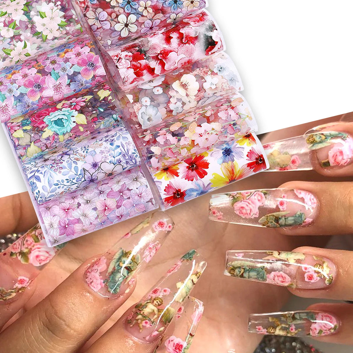 10pcs Clusters of Flowers Nail Foils Transfer Stickers Vintage Floral Design Romantic Starry Sky Paper Elegant Manicure Sliders