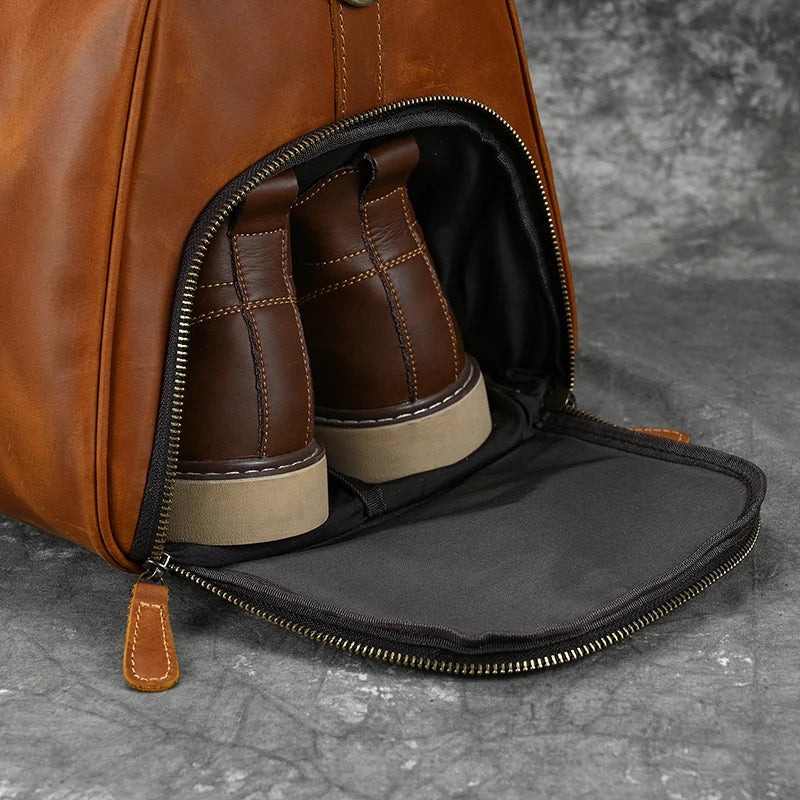 Fashionable Style Men's Leather Travel Handbags Real Cowhide Leather Duffle Bags For Man Male Weekend Bags With Shoe Pocket