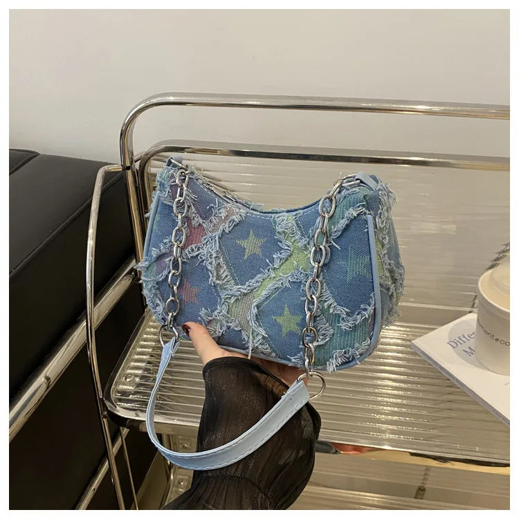 Casual Star Denim Shoulder Bags for Women Plaid Tassel Cool Hot Girls Underarm Phone Bag Fashion Versatile Female Handbags